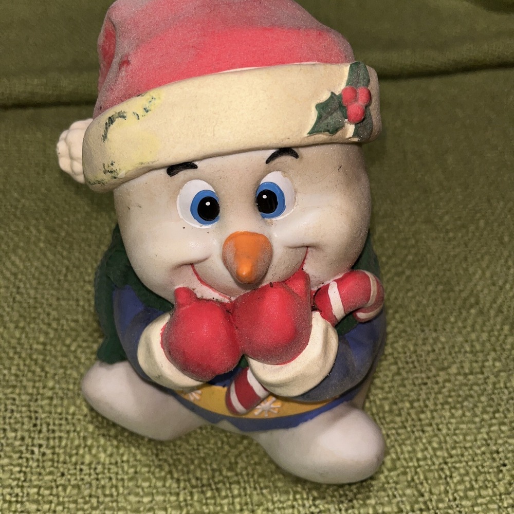 Vintage Snowman Ceramic‎ Coin Bank Christmas Santa Hat Flocked Candy Cane 5.5"